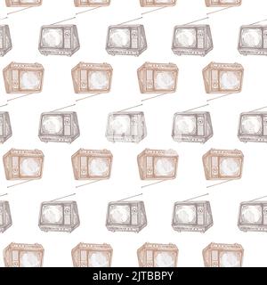 Motif rétro gravé sans couture. Téléviseur d'époque avec antenne dessinée à la main. Texture d'esquisse pour tissu, papier peint, textile, imprimé, titre, Illustration de Vecteur