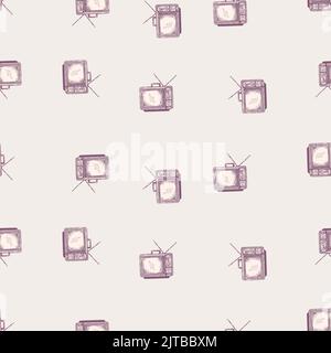 Téléviseur rétro avec antenne gravée sans couture. Téléviseur vintage de style dessiné à la main. Texture d'esquisse pour tissu, papier peint, textile, imprimé, titre, Illustration de Vecteur