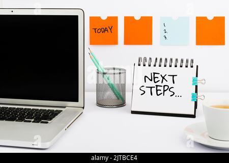 Affiche textuelle indiquant les étapes suivantes. Concept Internet suivi des changements Plan stratégique donner des directives Banque D'Images