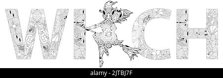Décoration artistique peinte à la main. SORCIÈRE de mot d'illustration dessinée à la main avec silhouette d'une sorcière pour t-shirt, pour colorier et autre décoration Illustration de Vecteur