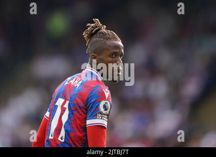 Photo du dossier datée du 20-08-2022 de Wilfried Zaha. Patrick Vieira évaluera la forme physique de Wilfried Zaha avant de nommer son équipe Crystal Palace pour la visite de Brentford. Date de publication : lundi 29 août 2022. Banque D'Images