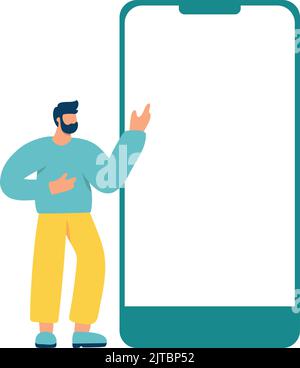 Vector Tiny homme debout et pointant vers un grand écran vide de smartphone. Modèle de téléphone mobile. Affichage vide du téléphone portable avec espace de copie. Plat Illustration de Vecteur