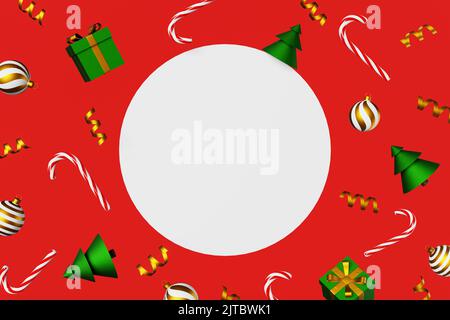 Maquette de Noël sapin vert boules boules canne bonbon boîte cadeau ruban doré 3D rendu. Vide modèle de carte de vœux cadre d'image arrière-plan rouge. Wint Banque D'Images