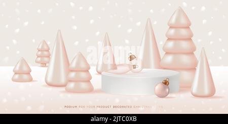 Podium pour votre produit décoré nacreous arbres de Noël. Illustration réaliste du vecteur en style 3D Illustration de Vecteur