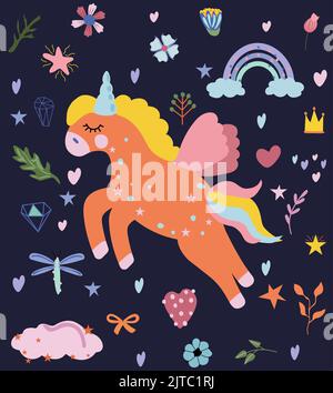 Mignonne de licorne avec la queue, l'arc-en-ciel, la nuage, les fleurs et les feuilles en style de dessin animé. Fée unicorn, peut être utilisé comme carte, bannière, anniversaire et autres vacances. Illustration vectorielle. Illustration de Vecteur