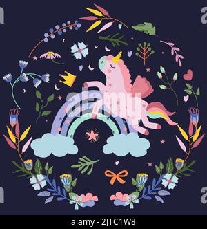 Mignonne de licorne avec la queue, l'arc-en-ciel, la nuage, les fleurs et les feuilles en style de dessin animé. Fée unicorn, peut être utilisé comme carte, bannière, anniversaire et autres vacances. Illustration vectorielle. Illustration de Vecteur