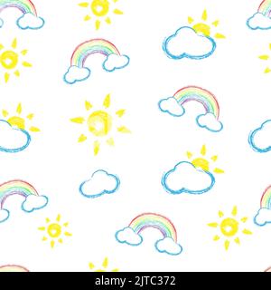 Motif sans couture avec nuages de craie et arcs-en-ciel. Illustration de Vecteur