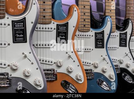 Muncie - Circa août 2022: Fender Stratocaster guitare exposition dans un magasin de musique. Les strates sont mondialement connues pour leur son propre et original. Banque D'Images