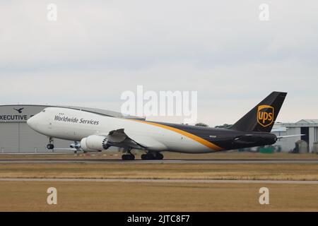 UPS, Boeing 747 N632UP, au départ de l'aéroport de Londres Stansted, Stansted, Essex, Royaume-Uni Banque D'Images