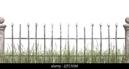 Décrépite une vieille clôture sinistre avec de l'herbe, isolée sur blanc. Clôture de cimetière ou ancien château. 3D image Banque D'Images