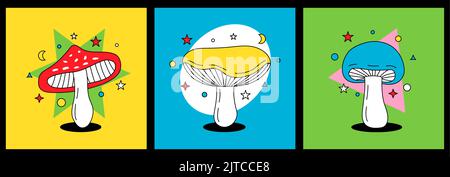 Ensemble de silhouette de champignon. Illustration de champignons psychédéliques. Imprimés champignons pour t-shirts ou autocollants. Différentes affiches avec des champignons exotiques. Illustration de Vecteur