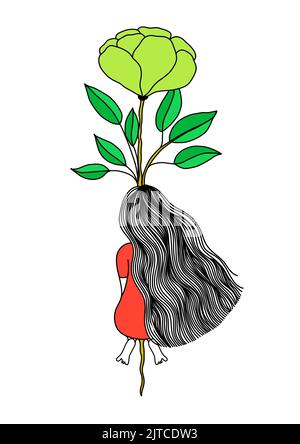 Une fille avec robe rouge volant en embrassant une fleur Illustration de Vecteur