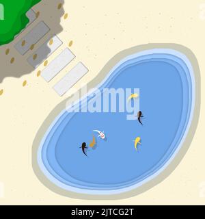 Un dessin animé d'illustration de la photo aérienne de poissons dans le lac avec du sable autour et des arbres verts Banque D'Images