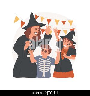 Illustration vectorielle de dessin animé isolée de la famille. Bonne famille portant des squelettes et des sorcières spéciaux déguisements pour Halloween célébration, vampires et monstres tenue de vacances scénario caricature. Illustration de Vecteur