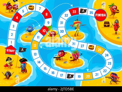 Jeu de pas de table, dessins animés pirates de baies et corsaires sur l'île. Feuille de travail vectorielle pour enfants avec cerise, myrtille, groseille et myrtille, cassis, canneberge, framboise, fraise et fraise Illustration de Vecteur