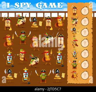J'espionne le jeu, le dessin animé mexicain pirate alimentaire et les personnages corsair. Casse-tête de la feuille de travail du quiz vectoriel pour enfants avec des personnages de tex mex tamales, tacos, burrito et nachos, chimichanga, tequila et avocat Illustration de Vecteur