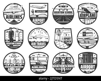 Les symboles de l'aviation, du vol aérien, de l'école pilote d'avion et des compagnies aériennes internationales. Aviateurs de vols, vols, services de transport aérien et horaires de vols à l'aéroport Illustration de Vecteur