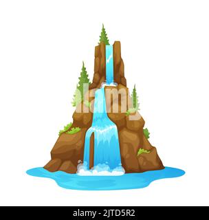 Cascade isolée avec arbres sur pierres, cascade de rivière de dessin animé. Bleu aqua cascade nature environnement arrière-plan, montagne rivière eau cascade tombant de la falaise rocheuse vecteur jeu actif Illustration de Vecteur