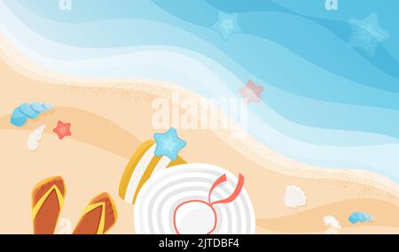 Vacances d'été détente sur la côte de mer illustration vectorielle. Jolie scène de dessin animé avec pieds en tongs, chapeau et sac sur une plage de sable avec des vagues turquoise et fond de coquillages. Concept de paradis exotique Illustration de Vecteur