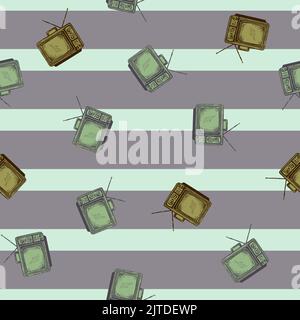 Téléviseur rétro avec antenne gravée sans couture. Téléviseur vintage de style dessiné à la main. Texture d'esquisse pour tissu, papier peint, textile, imprimé, titre, Illustration de Vecteur