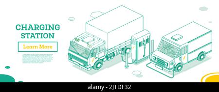 Station de charge Electromobile. Concept de contour isométrique. Illustration vectorielle. Camion et fourgonnette. Transport écologique. Énergie verte. Illustration de Vecteur