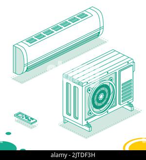 Système de climatisation. Concept de contour isométrique. Unité extérieure avec télécommande intérieure. Équipement ménager pour le refroidissement, Illustration de Vecteur