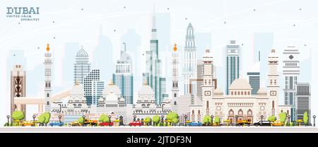 Dubai Emirats Arabes Unis Emirats Arabes Unis Skyline avec les bâtiments couleur et Blue Sky. Illustration du vecteur d'illustration pixel Art. Illustration de Vecteur