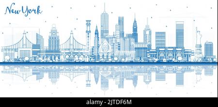Outline New York USA City Skyline avec Blue Buildings and Reflections. Illustration vectorielle. New York CityScape avec des monuments. Illustration de Vecteur