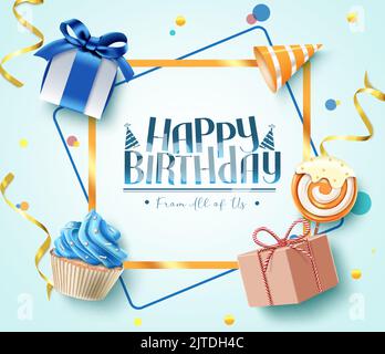 Joyeux anniversaire message vectorisation fond design. Texte joyeux anniversaire dans l'espace cadre avec cadeaux, cupcake et éléments de loptop pour le jour de la naissance. Illustration de Vecteur