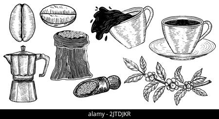 illustration éléments branche de café, grain de café, tasse de café, sac de café, pot de moka Illustration de Vecteur