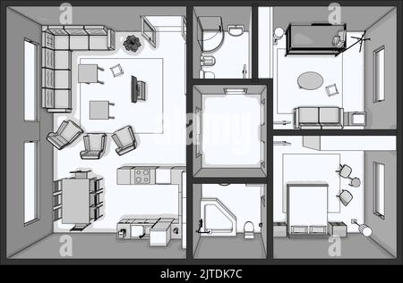 Plan d'étage architectural pour la maison deux chambres. Illustration de Vecteur