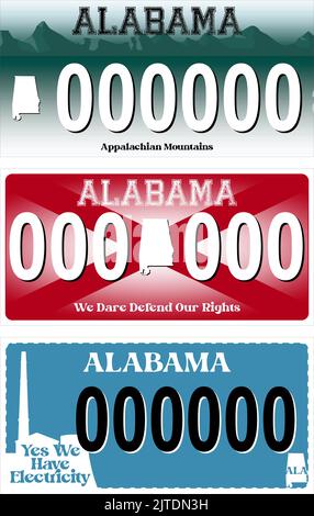 3 plaques d'immatriculation de voiture pour l'Alabama aux États-Unis. Numéros de permis de conduire de différents États américains. Imprimé vintage pour un motif de t-shirt Illustration de Vecteur