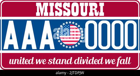 Plaques d'immatriculation de véhicule au Missouri aux États-Unis d'Amérique, plaques de voiture. Numéros de permis de conduire de différents États américains. Impression Vintage Illustration de Vecteur