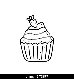 Cupcake avec crème et fraises isolées sur fond blanc. Dessert mignon avec baies. Illustration vectorielle dessinée à la main, style doodle. Parfait f Illustration de Vecteur