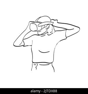 line art femme portant des lunettes vr sur sa tête illustration vecteur main dessiné isolé sur fond blanc Illustration de Vecteur