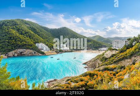 Paysage avec Cala Llonga, île d'Ibiza, Espagne Banque D'Images
