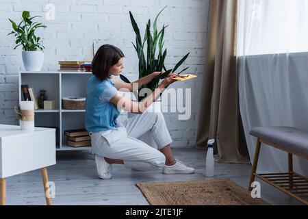 vue latérale de la jeune femme nettoyant l'usine en pot dans le salon Banque D'Images