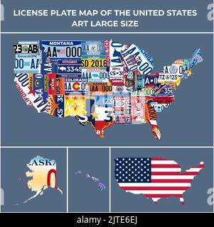 Jeu complet 51 plaques d'immatriculation des États-Unis - tous les 51 États des États-Unis, conception spéciale et réglementation pour tous les États, numéros de voiture de l'immatriculation du véhicule Illustration de Vecteur