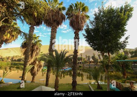 Huacachina - une oasis au milieu du désert péruvien, vue sur les palmiers et un lagon avec des bateaux et des dunes de sable en arrière-plan. Banque D'Images