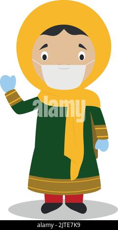 Personnage afghan habillé de façon traditionnelle et avec un masque chirurgical et des gants en latex comme protection contre une urgence sanitaire Illustration de Vecteur