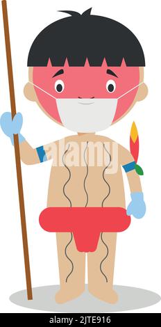 Personnage du Venezuela habillé de façon traditionnelle comme un indigène Yanomami et avec masque chirurgical et gants en latex comme protection contre un healt Illustration de Vecteur