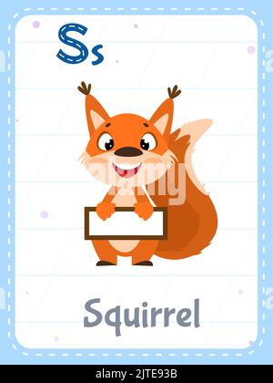 Lettre S. Cartoon adorable animal écureuil et mot anglais sur carte flash pour l'éducation des enfants. Carte mémoire scolaire pour enfants de maternelle illustration vectorielle plate. Illustration de Vecteur