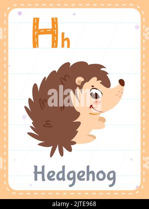 Carte-mémoire imprimable à l'alphabet avec lettre H. Cartoon adorable animal hérisson et mot anglais sur carte-mémoire pour l'éducation des enfants. Cartes mémoire scolaires pour enfants de maternelle illustration vectorielle plate Illustration de Vecteur