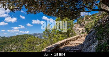 Château d'Alaró, escalier de la porte principale du mur, Majorque, Iles Baléares, Espagne Banque D'Images