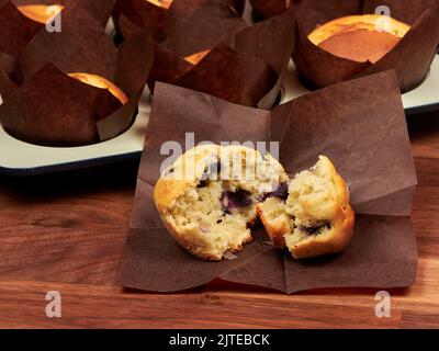 Muffins à la ricotta et aux myrtilles dans un plateau à muffins gris Banque D'Images