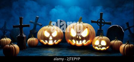 Citrouilles d'Halloween sur le fond des croix de cimetière. Jack o'lanternes la nuit à numan dans le brouillard. Arrière-plan d'Halloween. 3d Banque D'Images