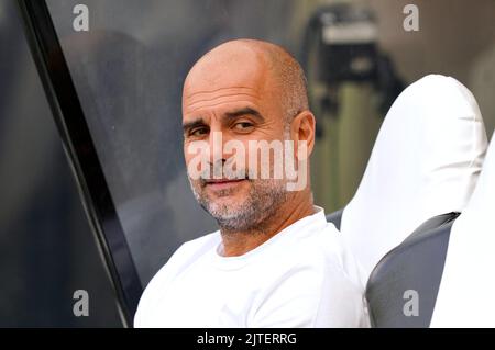 Photo du dossier datée du 21-08-2022 du directeur de Manchester City, PEP Guardiola, qui sait que son côté ne peut pas continuer à grimper dans les montagnes de la Premier League. Date de publication : mardi 30 août 2022. Banque D'Images