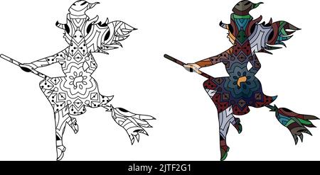 Décoration artistique peinte à la main. Illustration dessinée à la main Silhouette d'une sorcière avec un motif pour Halloween pour la coloration. Jeu de couleurs et de contours Illustration de Vecteur