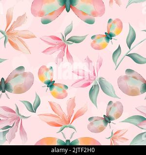 Fleurs et papillons de magnolia sans couture Banque D'Images