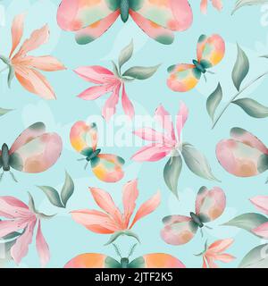 Fleurs et papillons de magnolia sans couture Banque D'Images